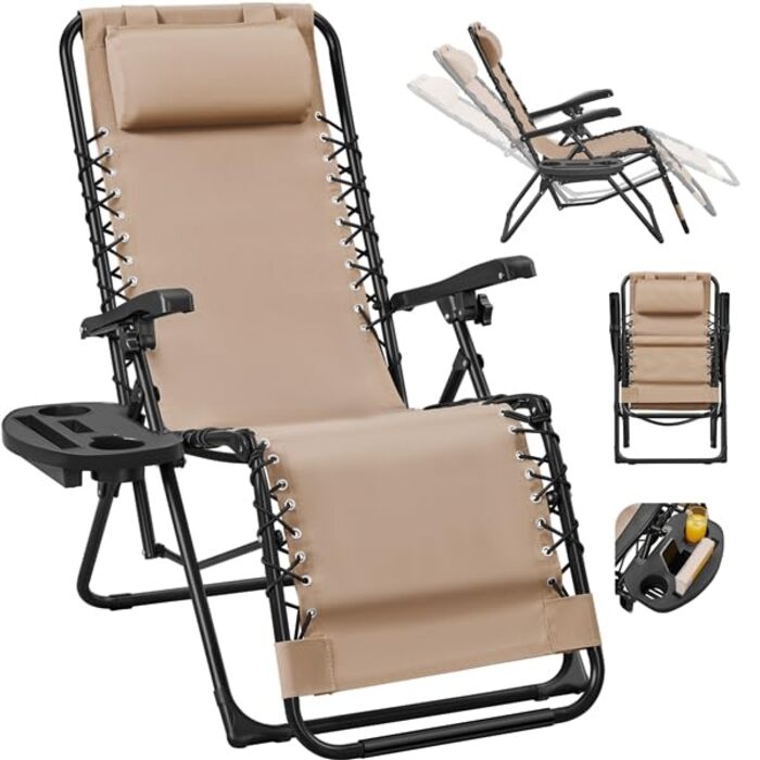 Розкішна лежанка Yaheetech для відпочинку: складана садова лежанка з подушкою та тримачем для напоїв (Бежевий)