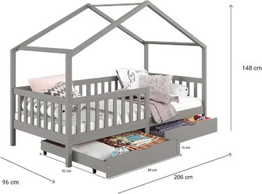 Ліжко для дому IDIMEX ELEA з масиву сосни, дитяче ліжечко із захистом від падіння 90x200см, ігрове ліжко з дахом (сірий)
