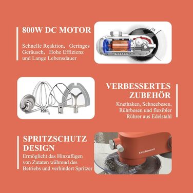 Кухонна машина 5л з місткою чашею з нержавіючої сталі, для тіста, піци, з таймером та 8 рівнями швидкості, з набором насадок (міксер, гак для тіста, вінчик)