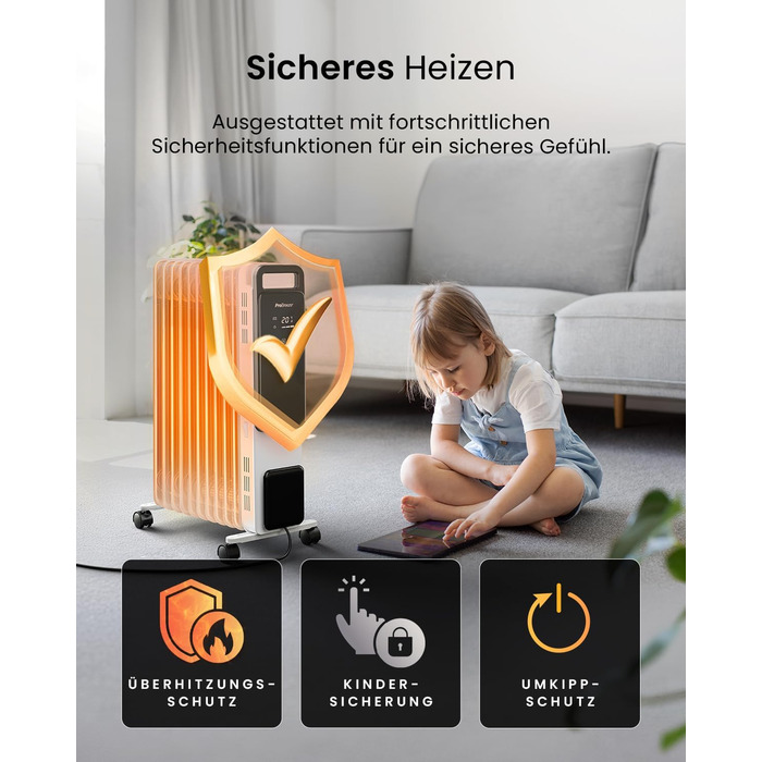 Електричний масляний радіатор Pro Breeze OmniWarm 2500W з 11 ламелями - енергозберігаюча теплова гармата з термостатом, таймером та захистом