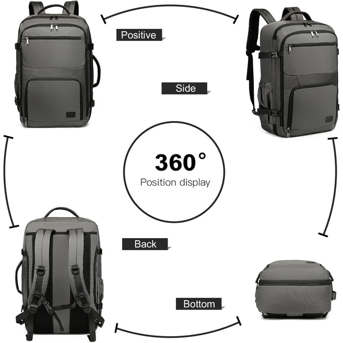 KONO Рюкзак для ручної поклажі в літак, великий, водонепроникний, 55 x 35 x 20 см, 38L, Cyangrau