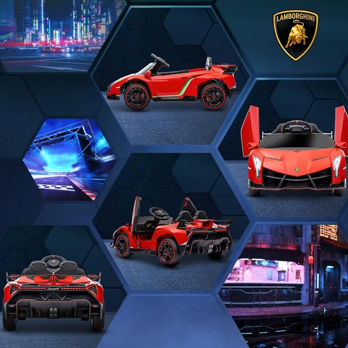 Дитячий електромобіль Lamborghini Veneno HOMCOM 12V з пультом, музикою, червоний, ліцензійний, знімна батарея, для дітей 3-6 років, фірмові двері-крила