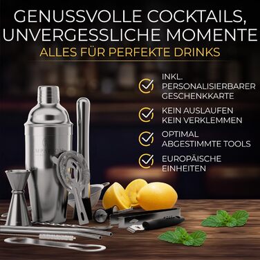 Набір для коктейлів Cobbler 700мл з нержавіючої сталі, без розливання, професійний шейкер для коктейлів з підставкою та книгою рецептів, набір для барменів (Classic Set, сріблястий)