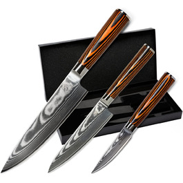 Набір кухонних ножів Wolfblood з дамаської сталі (32, 26, 20 см) - 67 шарів, 62 HRC, з захистом леза та подарунковою коробкою