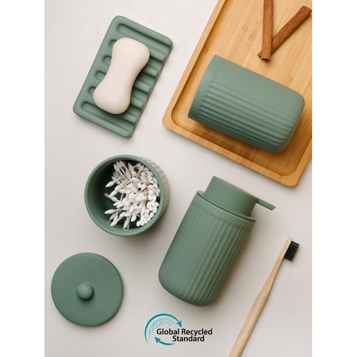 Набір аксесуарів для ванної кімнати 4 шт. з кераміки: дозатор для мила 350 мл, стакан для зубної пасти, мильниця, контейнер для ватних паличок. Декоративний набір для раковини (зелений)