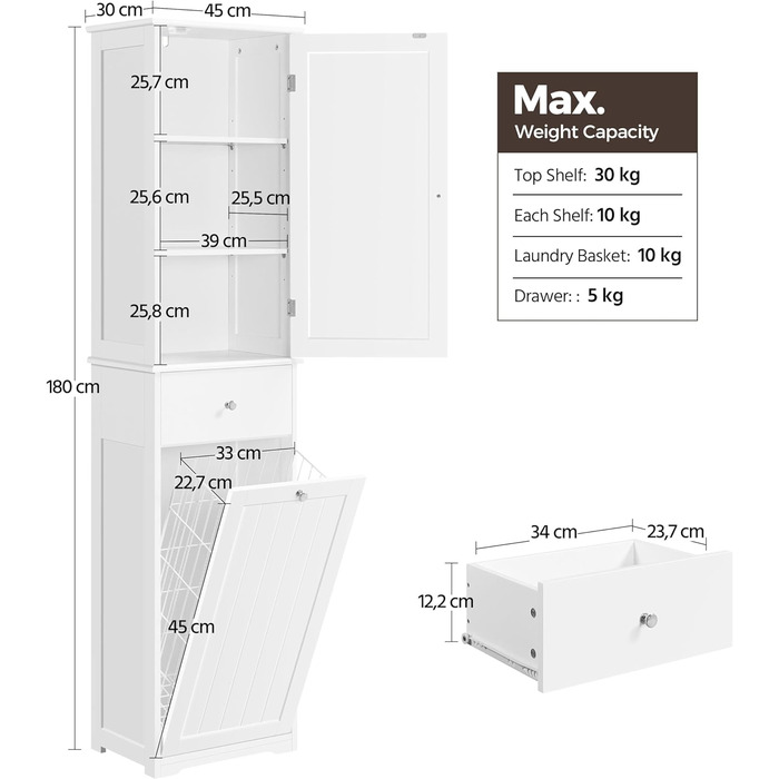 Висока шафа Yaheetech 180 см з кошиком для білизни, ящиком, дверцятами та регульованою полицею, біла