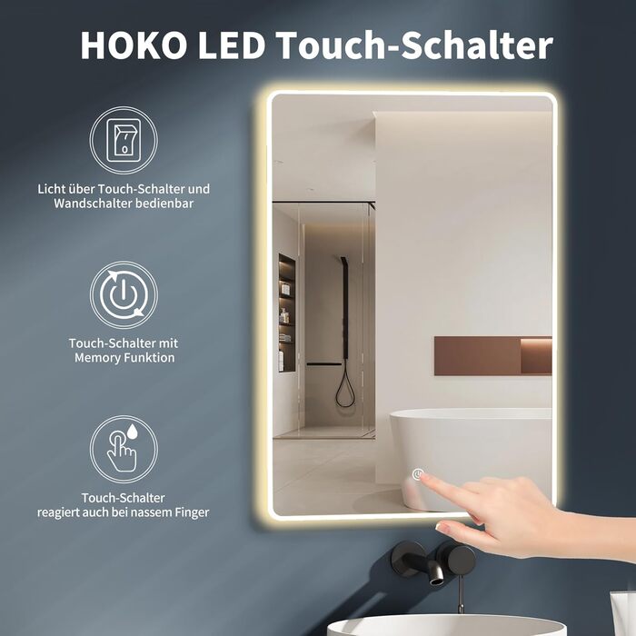 Дзеркало для ванної кімнати HOKO LED Texas 60x80 см з підсвічуванням, підігрівом проти запотівання та чорним металевим каркасом. Можливість встановлення вертикально або горизонтально. Сенсорне управління, регулювання кольору світла 2700-6500K (тепле, холо