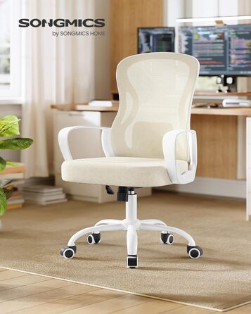 Офісний стілець SONGMICS ергономічний з підтримкою спини, обертовий, сітчастий, з підлокітниками, бежево-білий