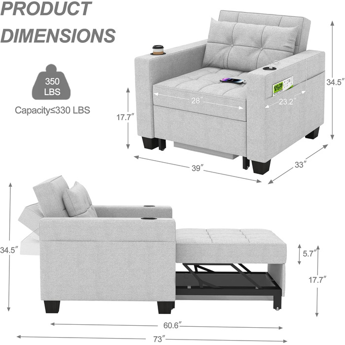 DURASPACE розкладне крісло-ліжко 3-в-1, 99 см, із USB, кишенею, підстаканником, для малих приміщень, зелений/світло-сірий