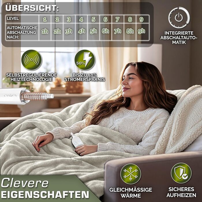 Електрична гріюча ковдра 200x180 см з таймером та 9 рівнями нагріву | Ковдра електрична для ліжка та дивану | Бежева