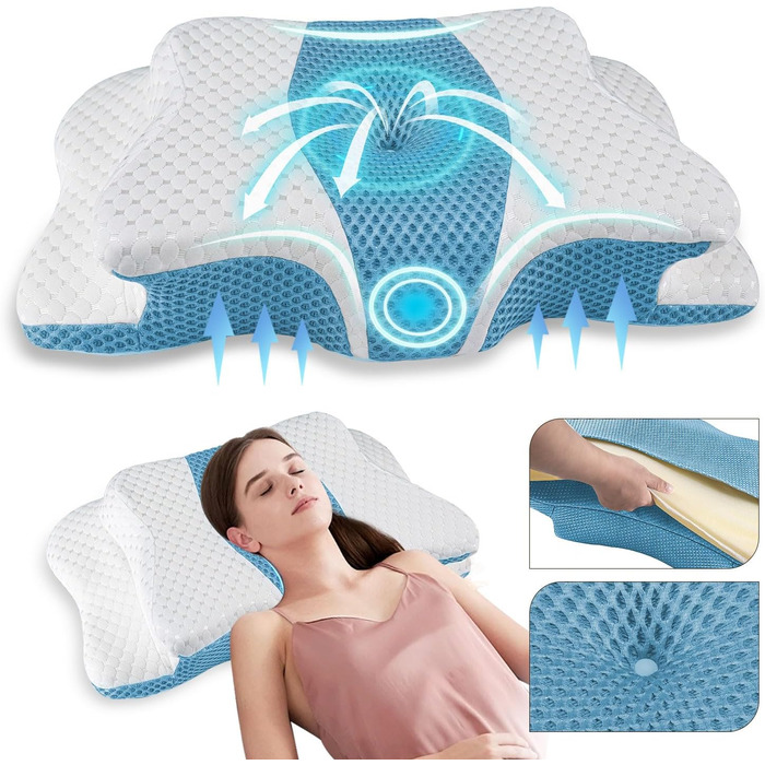 Ортопедична подушка для шиї з Memory Foam, регульована, ергономічна, для комфортного сну, без запаху, блакитна