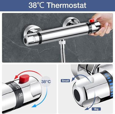 Змішувач для ванни з термостатом, накладний, хром, латунь, з кнопкою безпеки 38°C, для ванни, душ