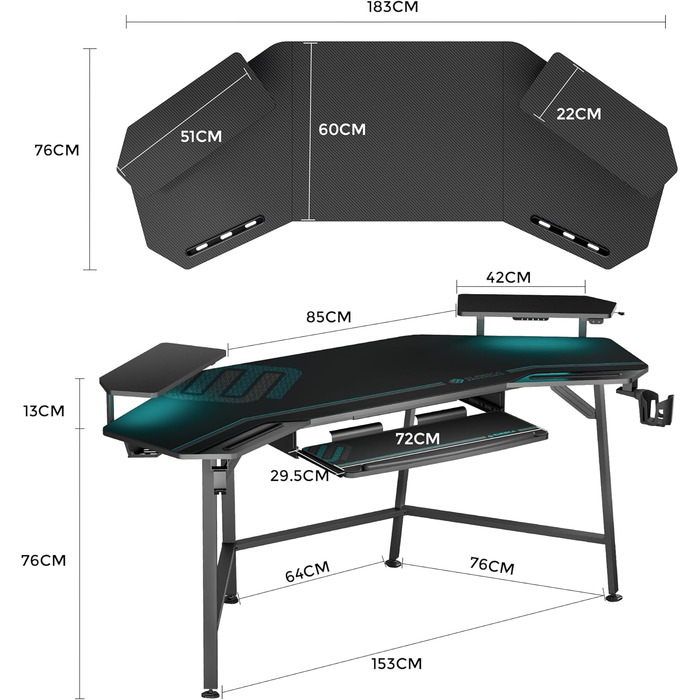 Ігровий стіл EUREKA ERGONOMIC 160x74 см - великий стіл у формі крила з 2 відсіками для iPad. Підходить для дому, офісу, стрімінгу. Чорний колір.