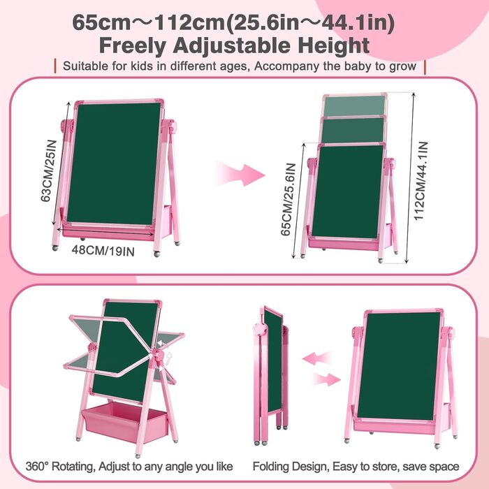 Дитяча мольберт Kinderstaffelei: двосторонній, сталевий, регульований, 360° обертання, дошка для малювання, крейда та маркери для хлопчиків та дівчаток