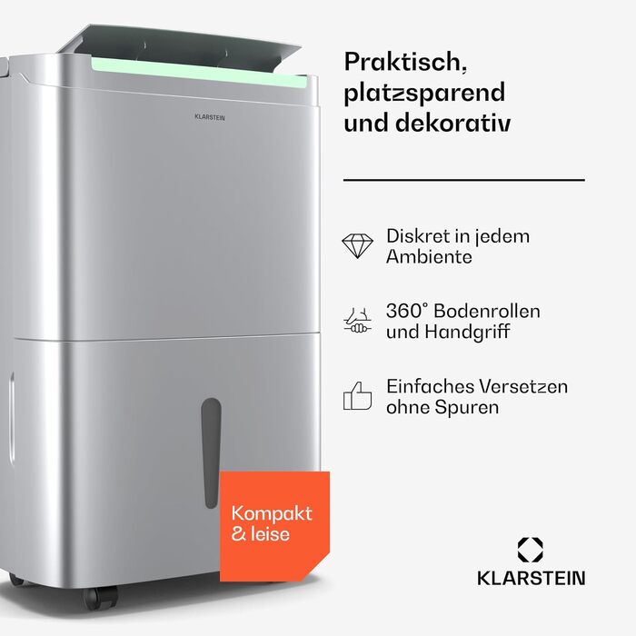 Електричний осушувач повітря Klarstein DryFy 20L - 400W, 20л/день, 5л бак, 46dB, Auto-Swing, таймер, режим сушіння білизни, для дому та офісу, білий