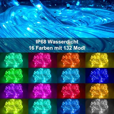 Світлодіодний мотузковий світильник зовнішній, барвистий, 132 режими, IP68, RGB пульт дистанційного керування, для прикраси приміщення/саду/балкона, 15M