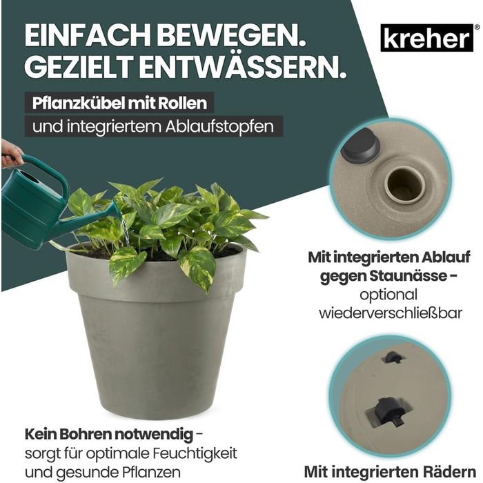 Крехер XXL круглий горщик для рослин / горщик для квітів, діаметр 58 см, на колесах. Ідеально підходить для саду, тераси, ресторанів та комерційних приміщень!