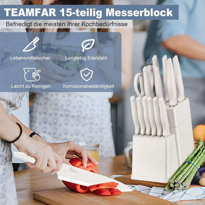 Набір кухонних ножів TEAMFAR з бруском, 15 предметів, нержавіюча сталь, антипригарне покриття