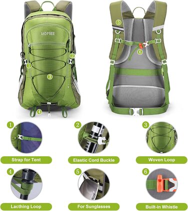 Туристичний рюкзак HOMIEE 45L, чоловічий жіночий водонепроникний рюкзак, туристичний рюкзак, дорожній рюкзак, вуличний рюкзак зі світловідбиваючими смугами для піших прогулянок, їзди на велосипеді, скелелазіння, альпінізму та подорожей, спорту (зелений)