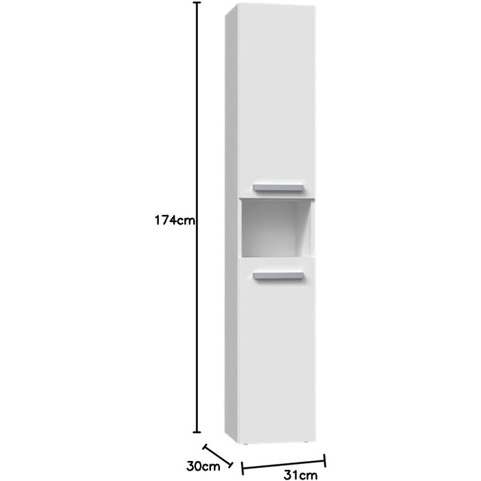 Висока шафа біла 30x3174 см, 2 двері, 3 відділення, 1 кошик для білизни, меблі для ванної кімнати