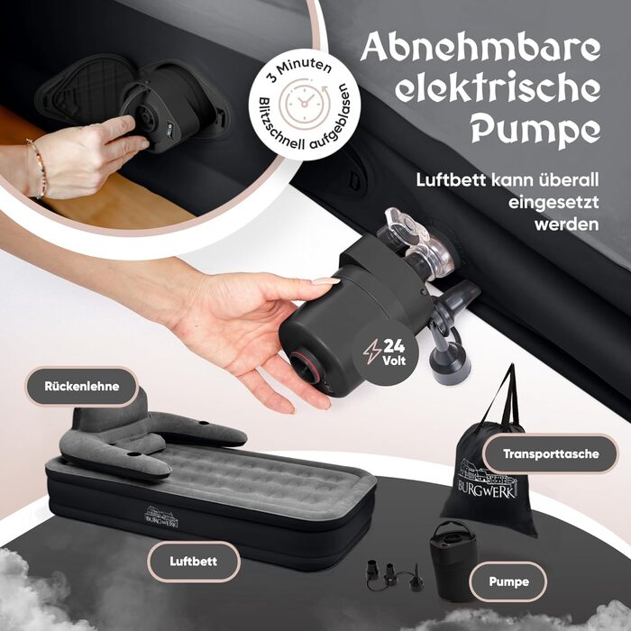 Надувне ліжко 3-в-1 | Гостьове та кемпінгове ліжко | Надувна матрац з електропомпою 150x200 | Самостійно надувна ліжко (1 особа, Чорний/Антрацит)