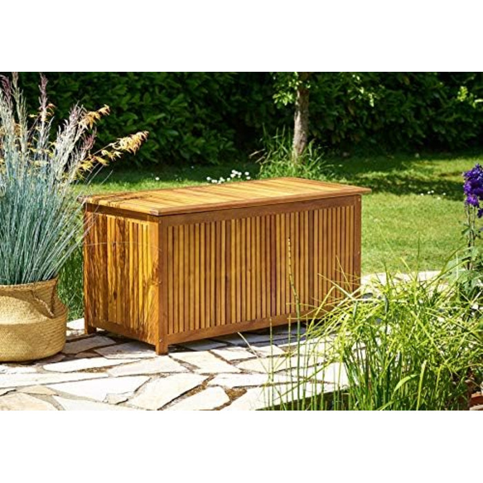 Ящик садовий дерев'яний Casaria Gartenbox з акації 205л, з кришкою, витримує 160кг, для саду, балкона, тераси, вологостійкий, лавка-ящик 115x50 см