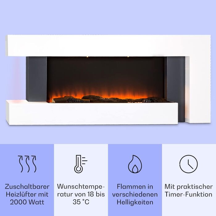 Електрокамін Klarstein Light & Fire 2 Smart з LED-полум'ям, 2000 Вт, настінний, з пультом та таймером, білий, економний, корпус MDF