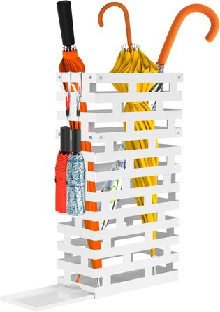 Металевий підставка для парасольки біла, велика з водовідвідною ванною та гачками, 58,4 см - для дому, офісу, готелю