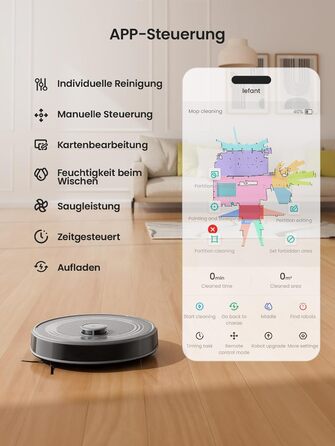 Робот-пилосос LEFANT M2 з функцією миття, 6000Pa, LiDAR-навігація, зони заборони, керування через APP/Alexa, для шерсті тварин, килимів та твердих підлог