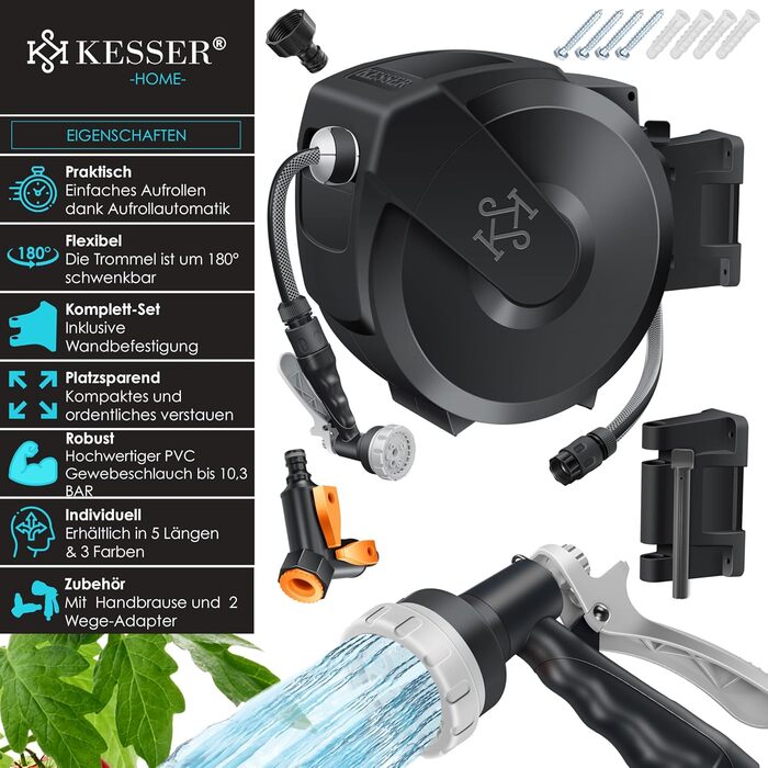 Шланг для саду KESSER® 35м з автоматичним підйомом | Шланг для поливу з тримачем для стіни | Водопровідна коробка для стіни з ручною лійкою 7-функцій | Антрацит/Чорний