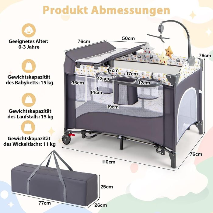 Дитяче ліжко-манеж DREAMADE 5 в 1 з матрацом, з колесами та пеленальним столиком, з музичною іграшкою, 110x76 см, для новонароджених, з сумкою для перенесення (зелений, кольоровий)