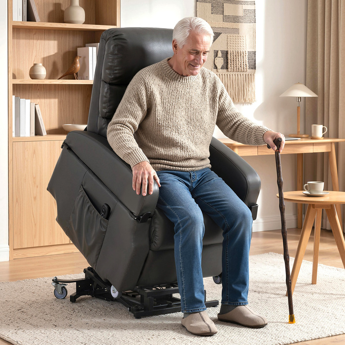 Крісло-релаксатор з підйомним механізмом та електроприводом. Електричне крісло з підніжкою, пультом дистанційного керування та функцією відкидання спинки, колір – темно-сірий.