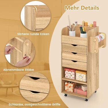 Роликовий контейнер COSTWAY з 3 висувними ящиками, візень для рукоділля з 2 стійками та 3 полицями, дерев'яний шафка на колесах, багатофункціональний візень для офісу та робочого кабінету (білий, натуральний колір)