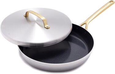 Сковорода GreenPan GP5 з нержавіючої сталі, 30.5 см з кришкою, 5-шарова, антипригарне покриття з кераміки, без PFAS, для індукційних плит, з золотистими ручками, можна мити в посудомийній машині та використовувати в духовці