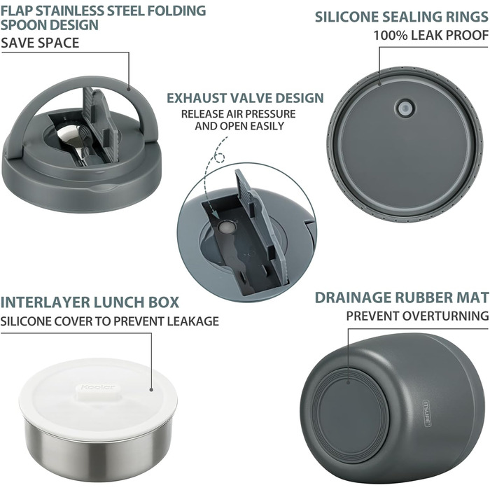 Термоконтейнер для їжі Itslife 970мл, термоконтейнер з кришкою, з нержавіючої сталі з ложкою, термотермос для їжі, ланчбокс для супів, дитячого харчування, каші (зелений, сірий)