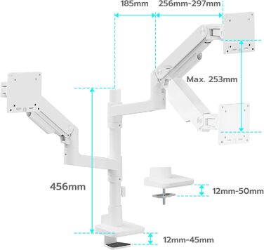 Кріплення для монітора ARES WING для 2 моніторів, 17-49 дюймів, газ-амортизатор, регулювання висоти, поворотний, VESA 75/100 мм, 2-20 кг, білий