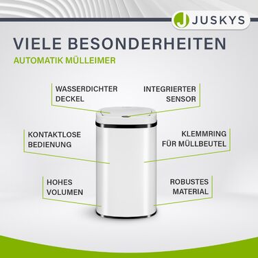 Відро для сміття Juskys з датчиком руху, білий, 60 л - кутовий контейнер з кришкою-кліпсою для сміттєвих пакетів, нержавіюча сталь, безконтактне відкривання