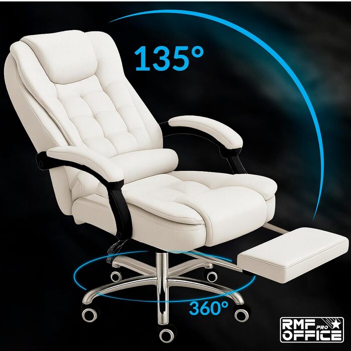 Ергономічне крісло для офісу RMF, регульоване, зручне та розслаблююче - крісло з підніжкою, обертається, регулюється по висоті, біле