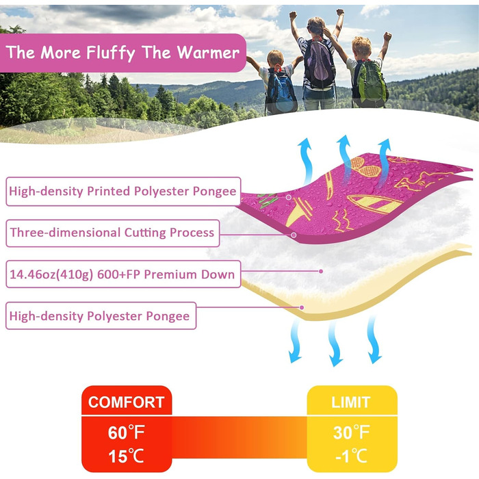 Дитячий спальний мішок QEZER, надлегкий спальний мішок маленького розміру для хлопчиків і дівчаток Кемпінг, Подорожі, Кемпінг, Відкритий З Преміум 600FP Пух (троянда)