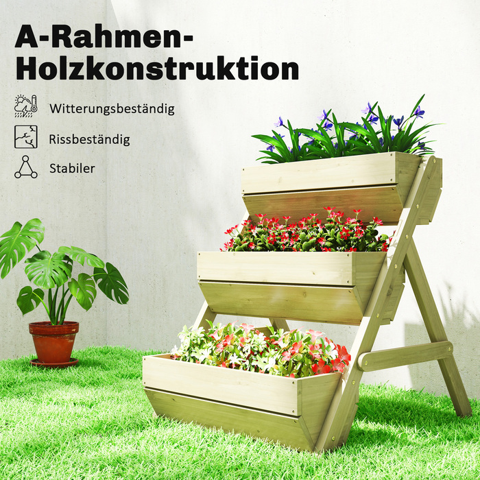 Вертикальне квіткове горщево з 3 ярусами. Дерев'яний вертикальний сад з 3 касетами для рослин, дренажними отворами та зеленим дизайном.