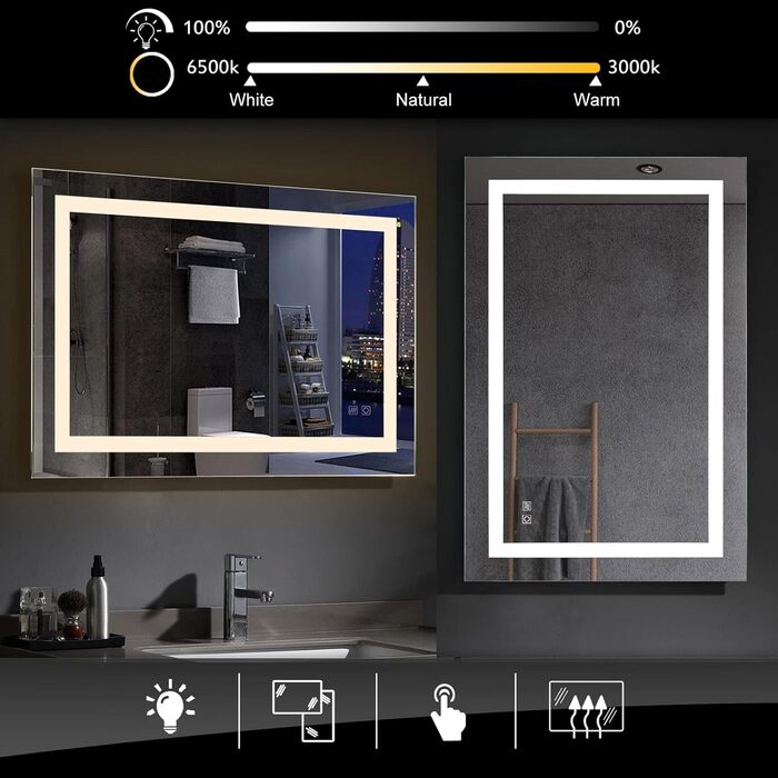 Великий дзеркало для ванної кімнати Badspiegel 120x70 см з підсвічуванням LED, сенсорне керування, антизапар, регулювання яскравості, для ванної кімнати та вітальні, білий колір, тип A: біле світло (50x70 см, 3 кольори світла / з розеткою)