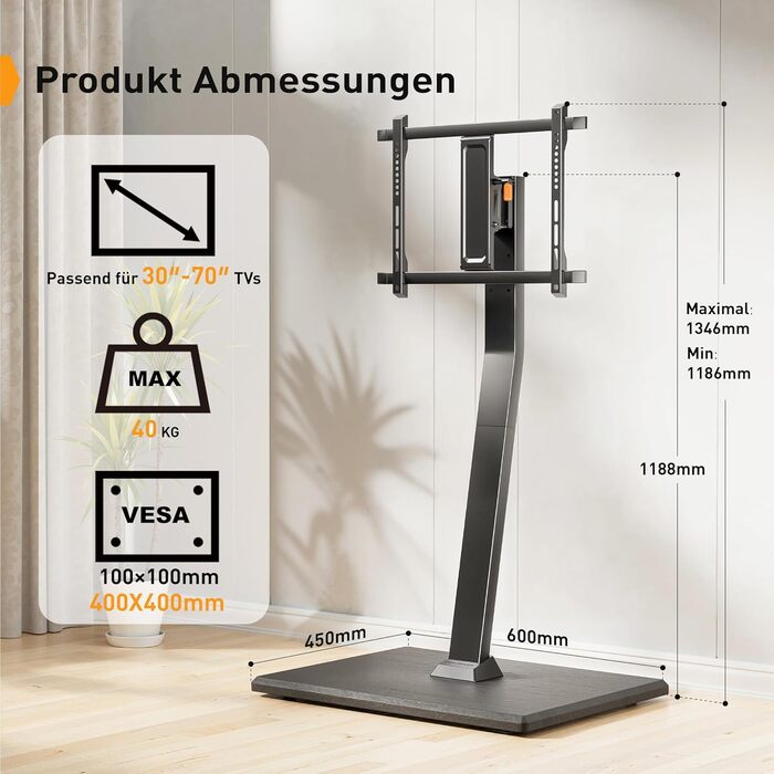 Підставка для телевізора Perlegear на колесах, мобільна, поворотна, нахильна, для телевізорів 30-70 дюймів, до 40 кг, VESA 400x400 мм