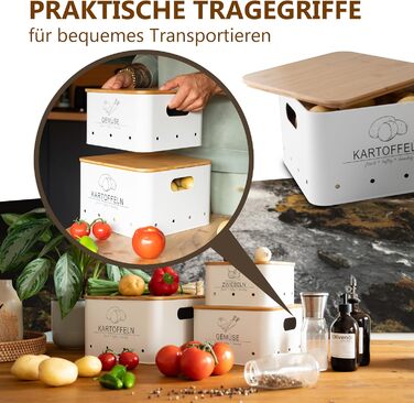 Коробки для зберігання картоплі MNKsolution (3 шт) з кришкою - для картоплі, овочів, цибулі, часнику - органайзер для кухні, контейнери для продуктів (білий)