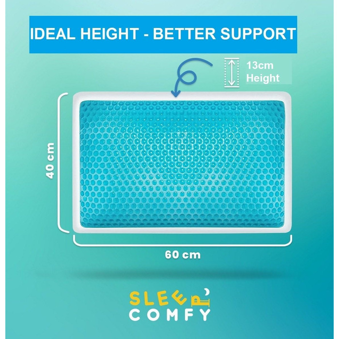 Ортопедична подушка для сну Comfy Premium Gel Memory Foam з гелевим охолодженням, 60x40x14/12 см. Підтримка шиї, для тих, хто спить на боці та на спині.