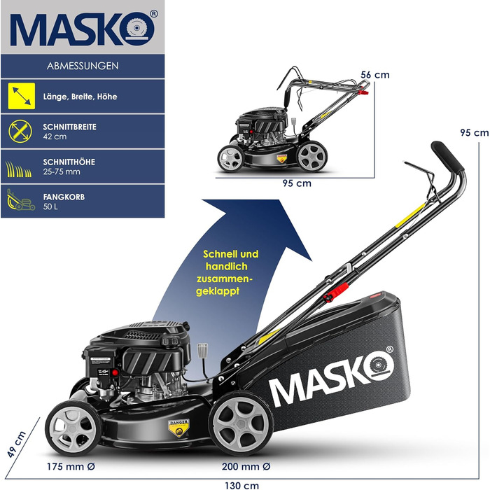 Бензиновий газонокосарка MASKO® 5in1 | Ширина косіння 51 см | 8 положень висоти | 4-тактний OHV двигун 6.0 PS | Об'єм кошика 65 л | В комплекті набір для мульчування та бічний викид (ширина 42 см, чорний/сірий)