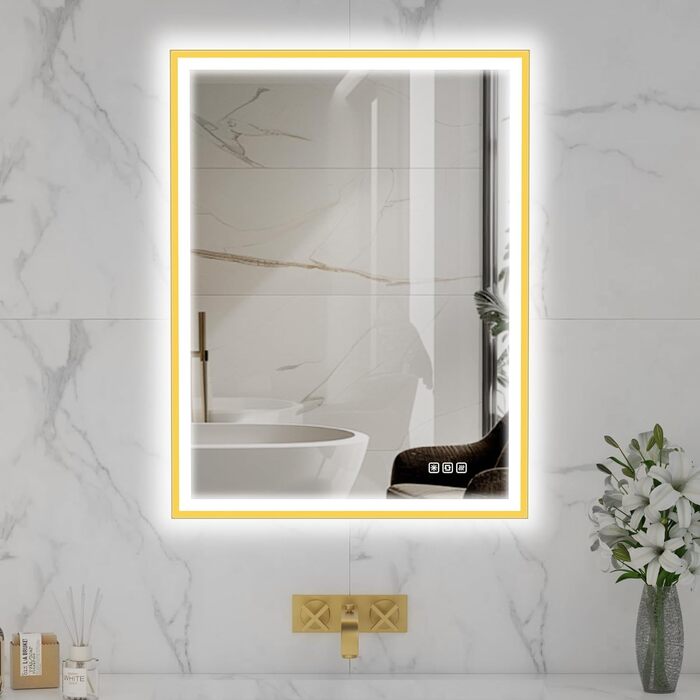 Круглий LED-дзеркало для ванної кімнати Furduzz з підсвічуванням, 700 мм, монтаж на стіну, сенсорна кнопка, регулювання яскравості, 3 кольори, проти запотівання, інтелектуальна функція пам'яті (Модель 2, золота рамка, 80 x 60 см)