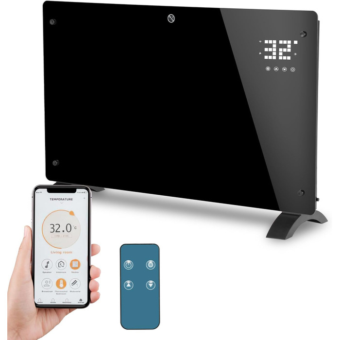 Скляний конвекторний обігрівач Daromigo 2000W з термостатом та WiFi, IP24, настінний, енергозберігаючий, чорний