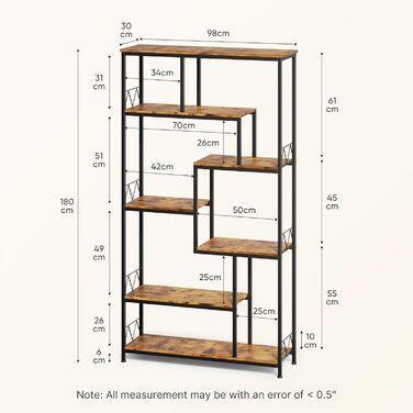 Стильна полиця Bealife для книг, 5 ярусів, 98 x 30 x 180 см, для вітальні, офісу, робочого кабінету, в стилі ретро, індустріальний дизайн