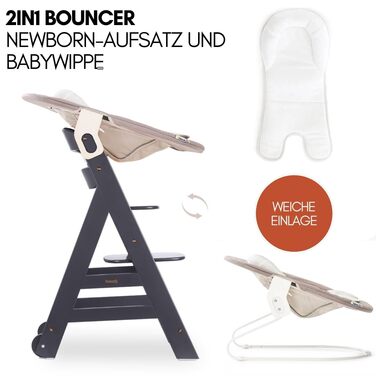 Високий стільчик для годування Hauck Beta+ Newborn Set - комплект для новонароджених, від народження з 2-в-1 люлькою-гойдалкою, подушкою для сидіння та підносом для їжі - Темно-сірий