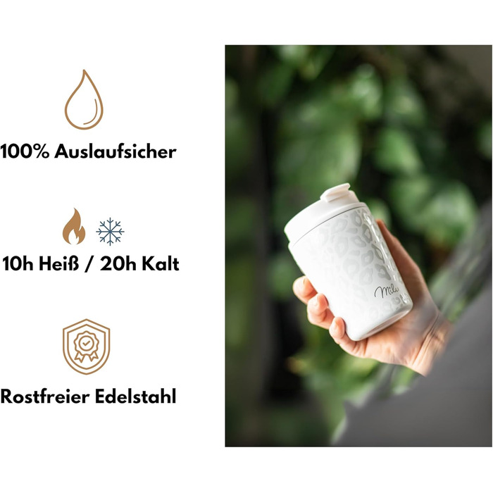 Термокружка Milu 400 мл - не протікає, з нержавіючої сталі, з трубочкою, ізольована, зберігає тепло 10 годин / холод 20 годин, без BPA (White Leopard)